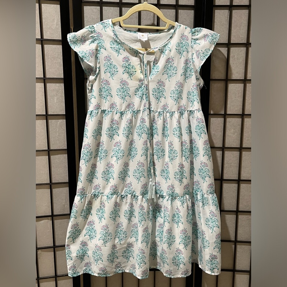 j.marie CECILIA RUFFLE FLORAL MINI DRESS in BLUE, mint with Lilac Accents SIZE S - Picture 3 of 11